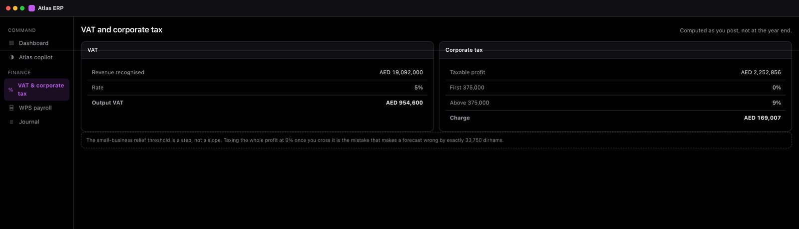 Atlas ERP — VAT & corporate tax