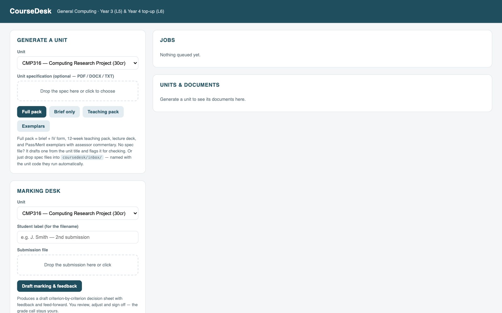 CourseDesk — Unit generator & marking desk