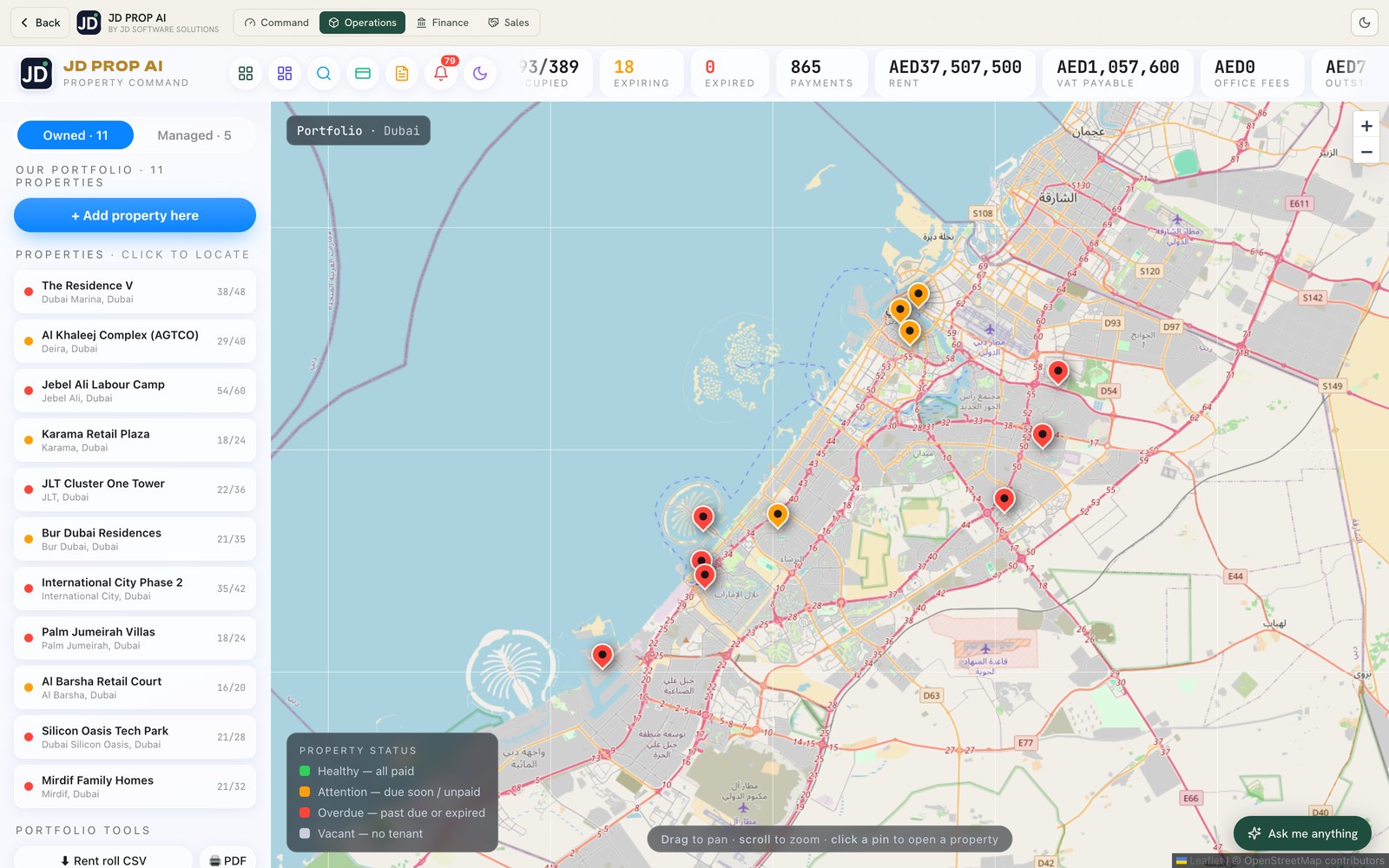 JD PROP AI — Operations · portfolio map
