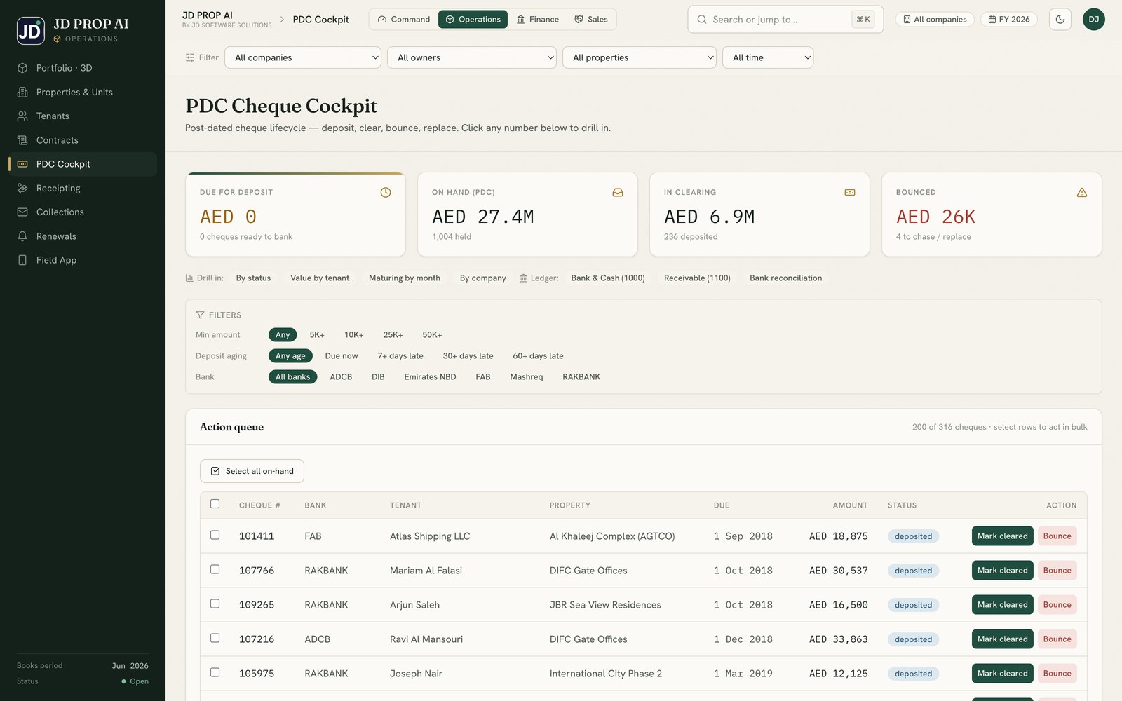 JD PROP AI — PDC Cheque Cockpit