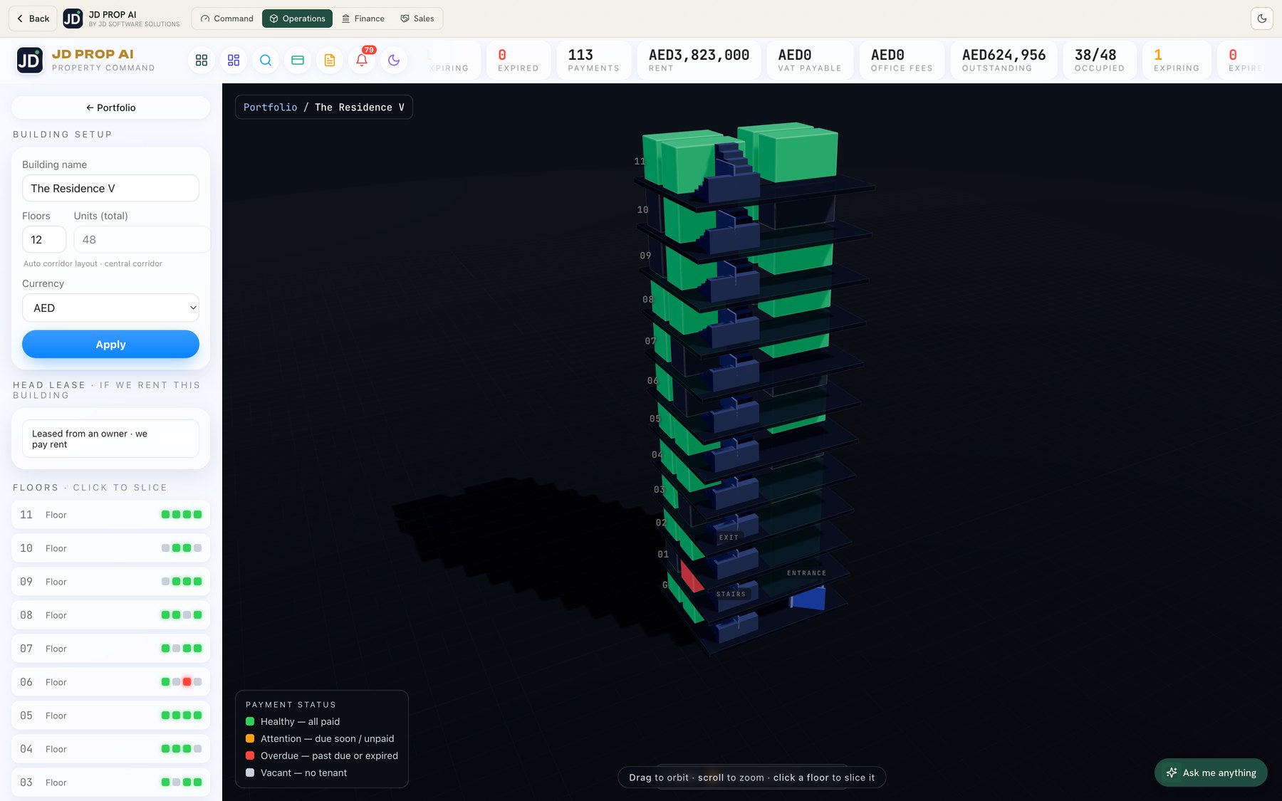 JD PROP AI running a 3D building twin, every unit coloured by what it owes