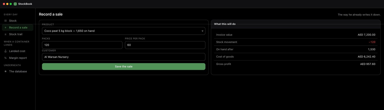StockBook — Record a sale